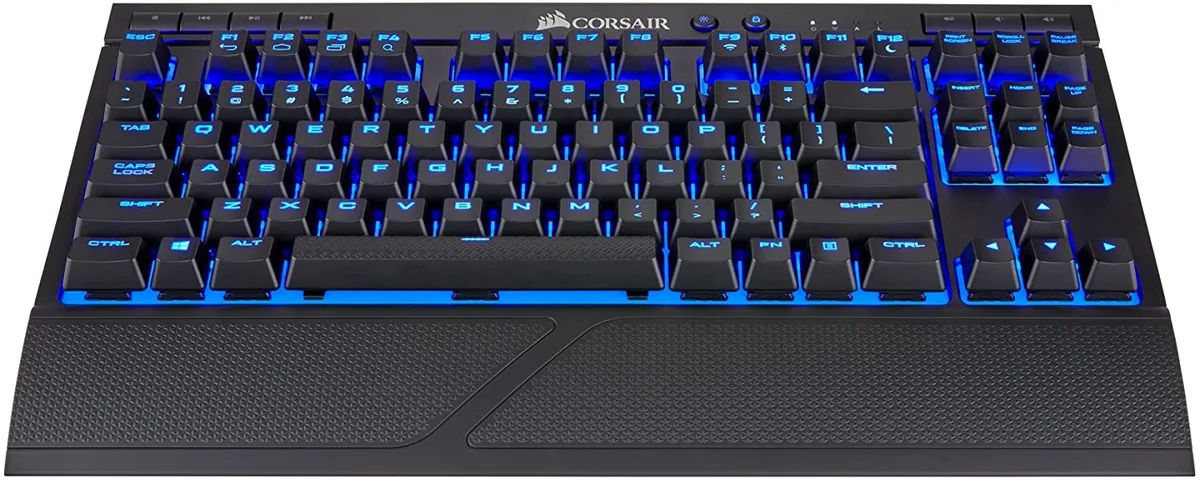 Compact black tenkeyless mechanical keyboard with blue LED backlighting