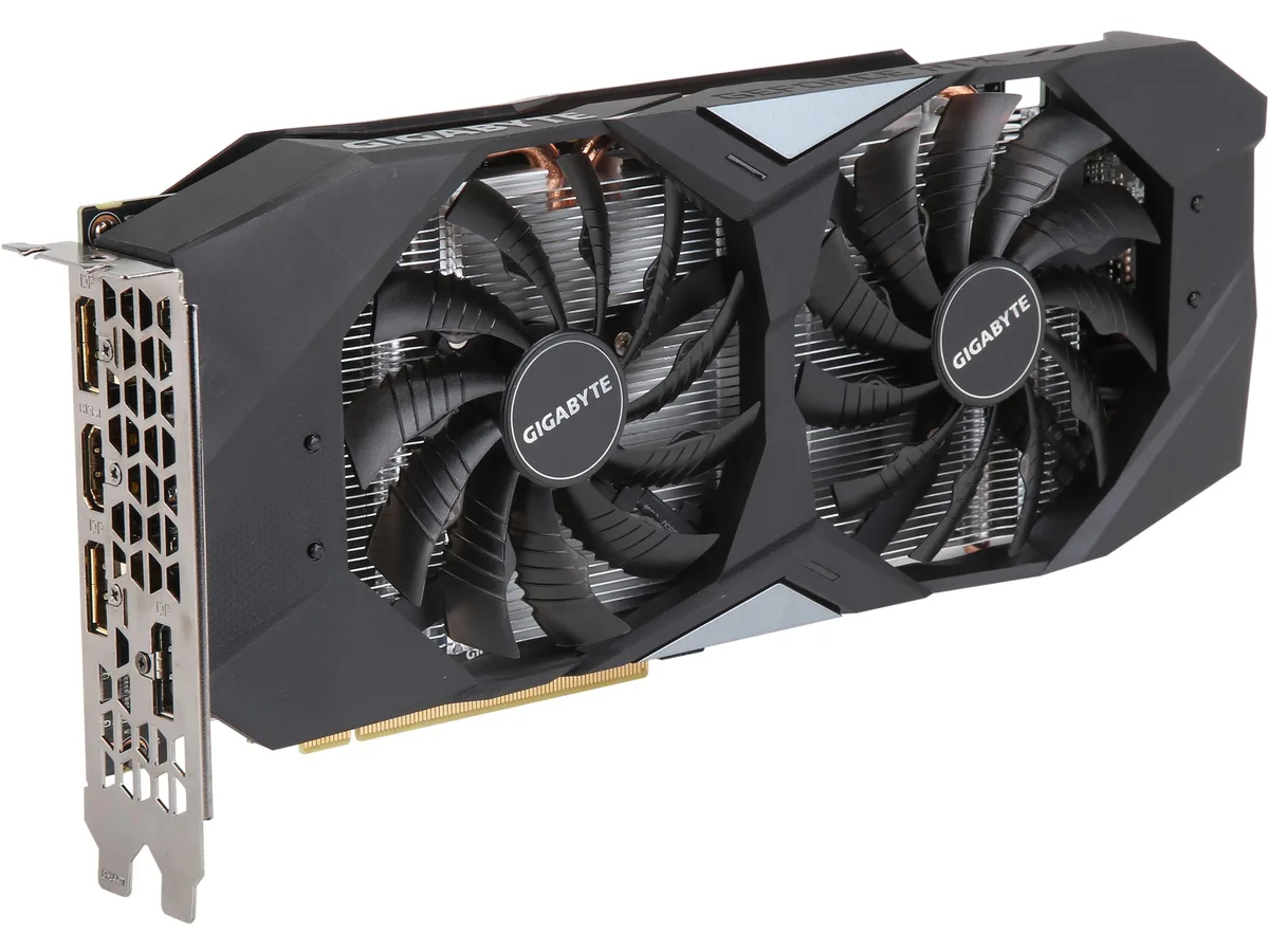 Dual-slot graphics card with two fans, black shroud, silver backplate, PCIe x16 edge connector, one HDMI and three DisplayPort outputs