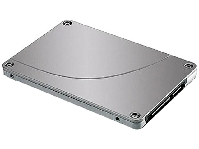 Silver rectangular 2.5 inch SSD with black label and gold connectors