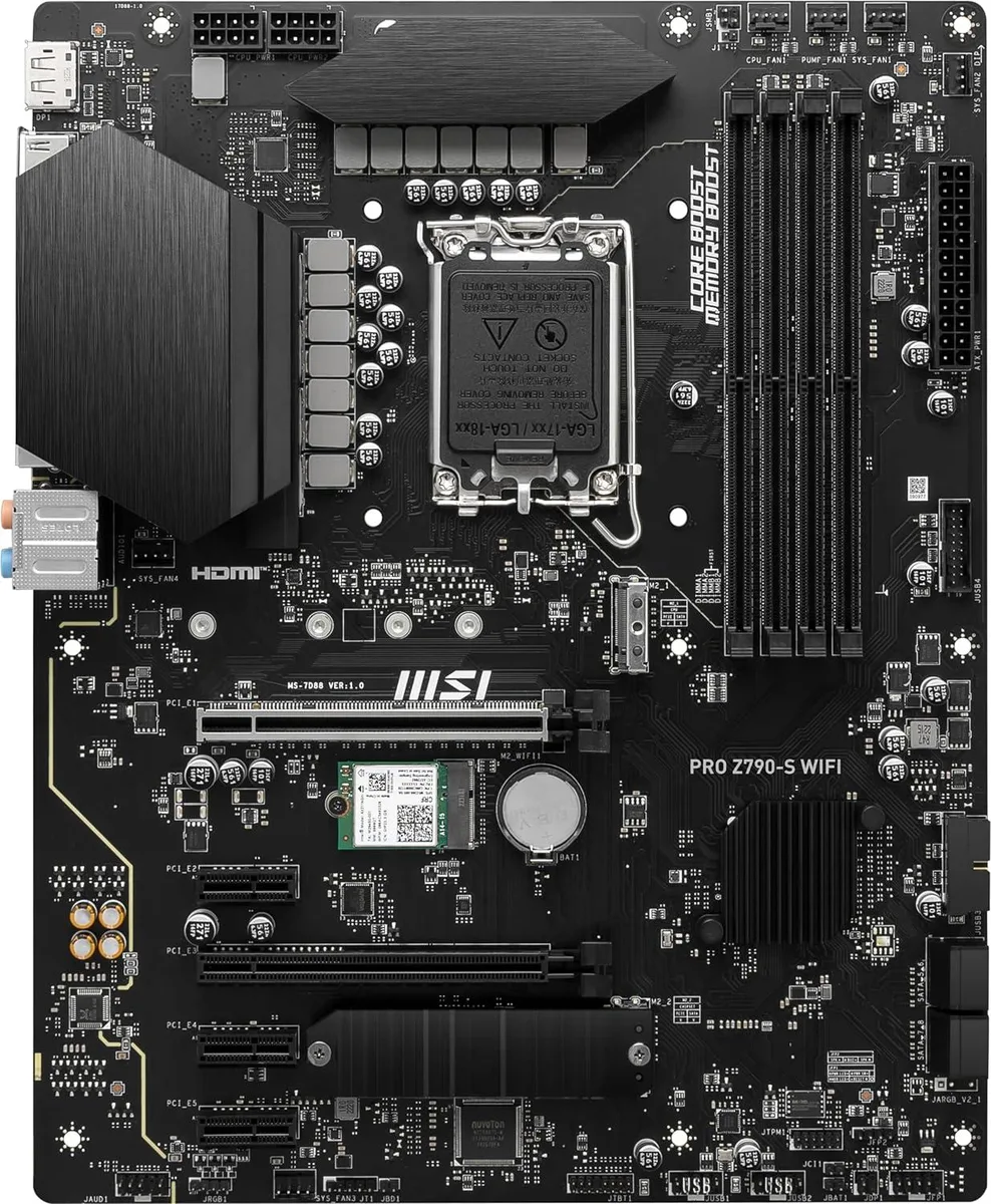 ATX motherboard in dark finish with LGA 1700 socket and DDR5 slots