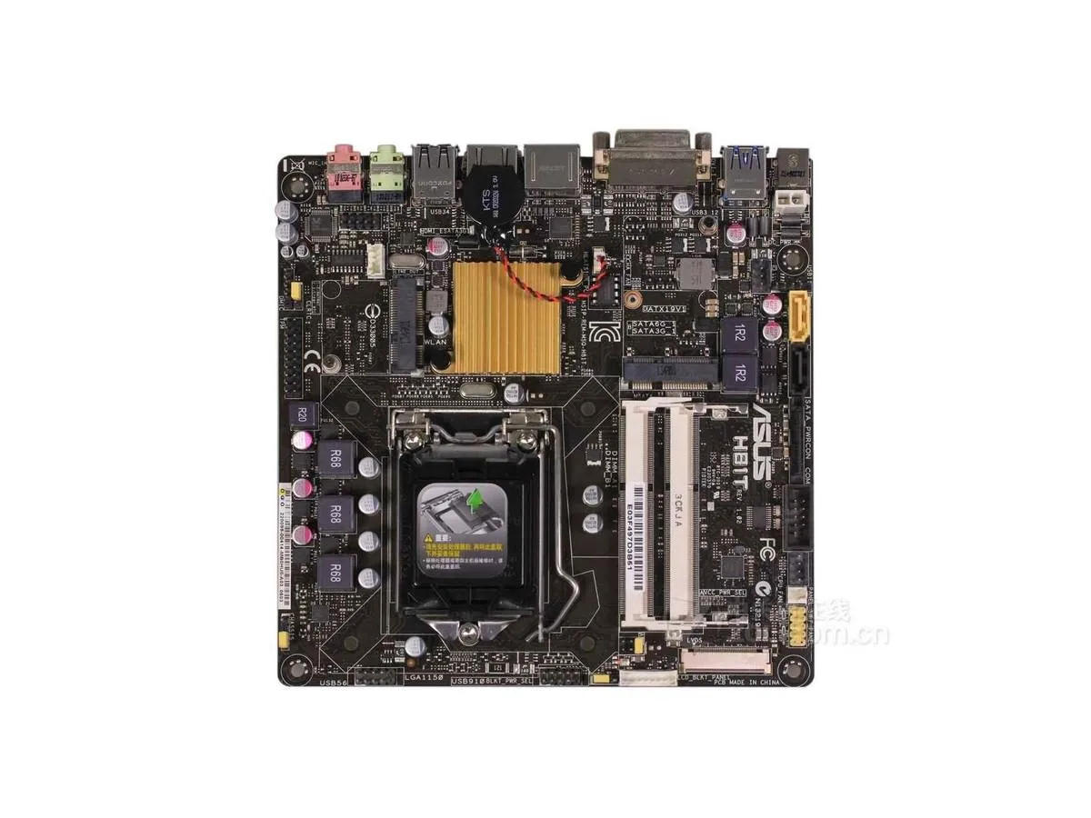 Compact green Mini-ITX board with silver CPU socket and blue memory slots