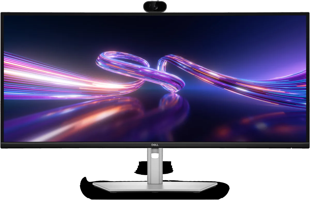 Black 34 inch curved ultrawide monitor with anti-glare screen and integrated webcam