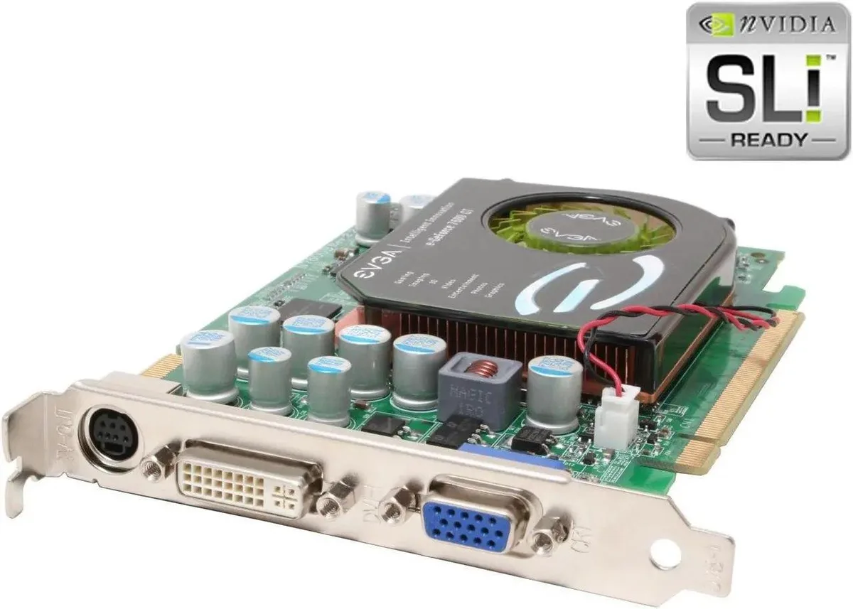 EVGA GeForce 7600GT graphics card with dual-slot cooler, DVI and VGA outputs