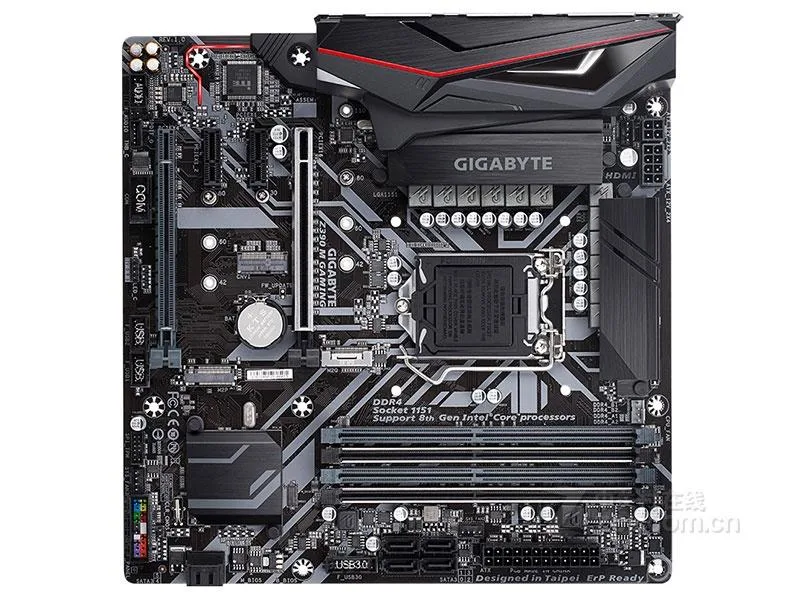 Micro-ATX motherboard, dark PCB with black and red accents, LGA 1151 socket, four DDR4 slots, single PCIe x16, rear I/O with USB Type-C