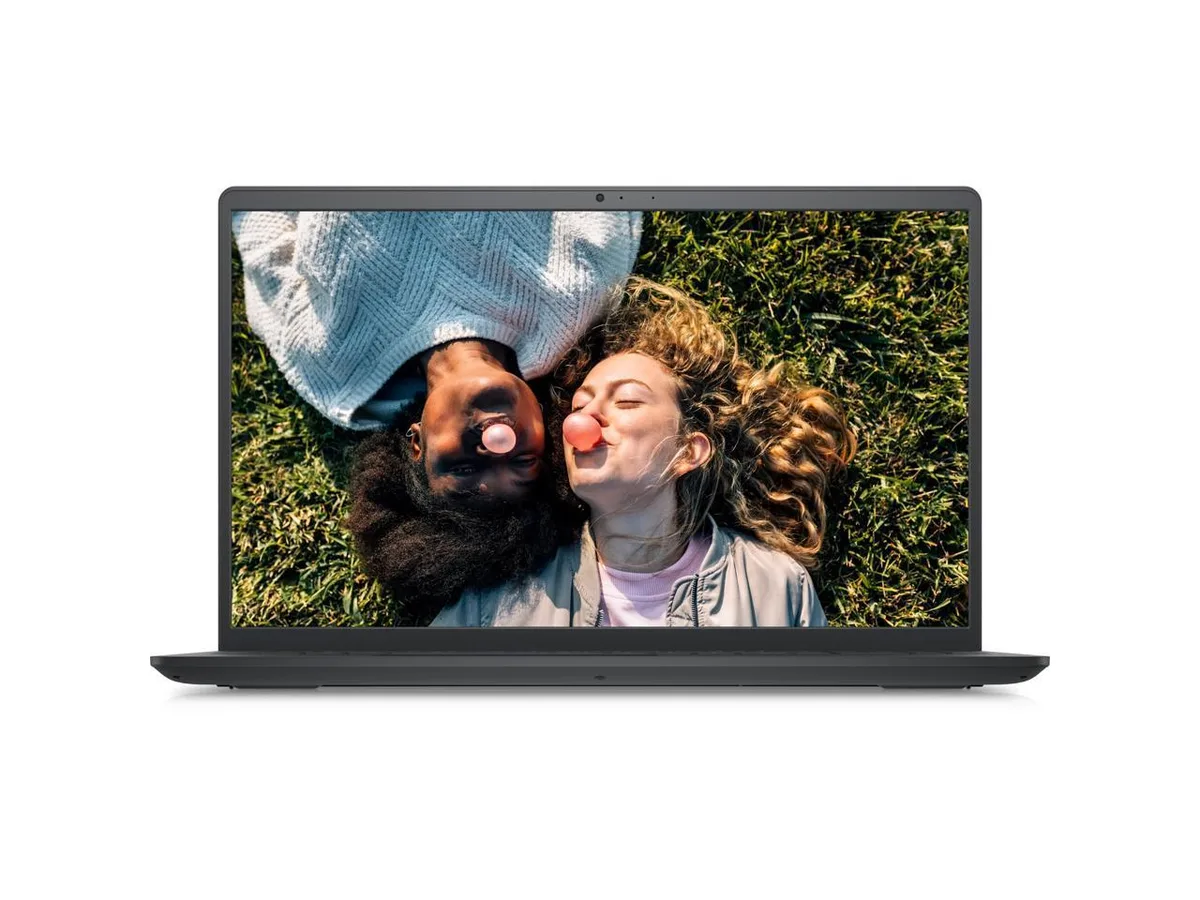 Black Dell Inspiron 3520 clamshell laptop, 15.6 inch matte screen, smooth dark chassis
