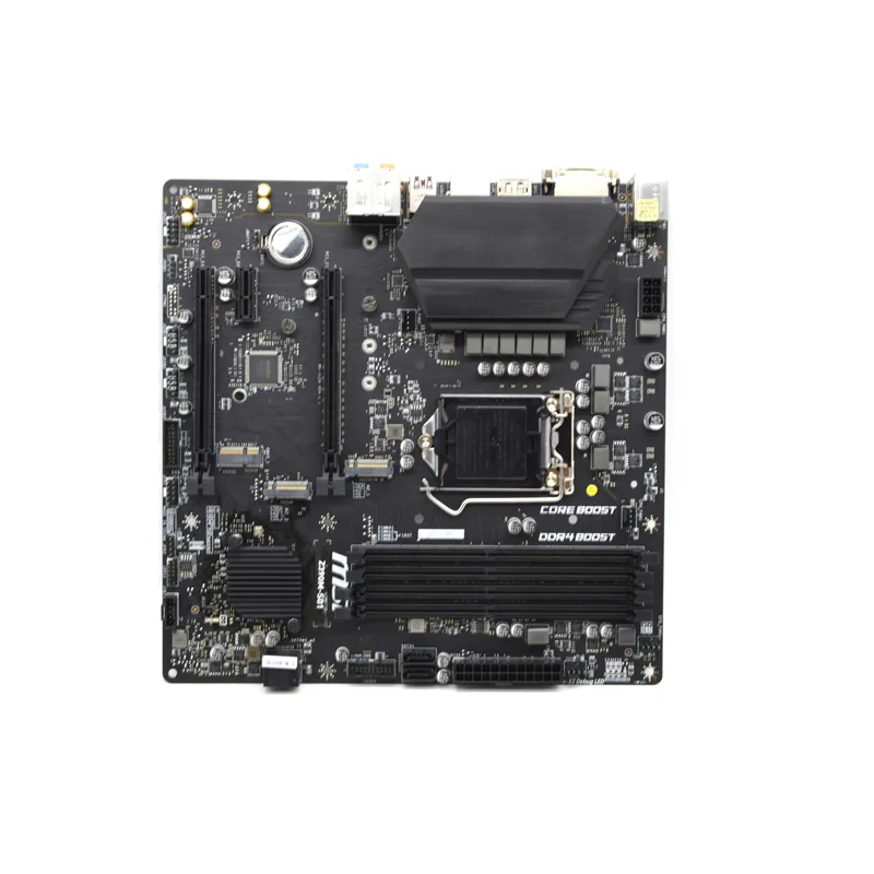 Dark green micro-ATX board with silver CPU socket, four black DIMM slots, twin M.2 heatsinks, black I/O shield and silver PCIe slots