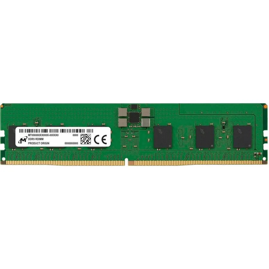 Green bare circuit board DDR5 DIMM with black memory chips and gold edge contacts