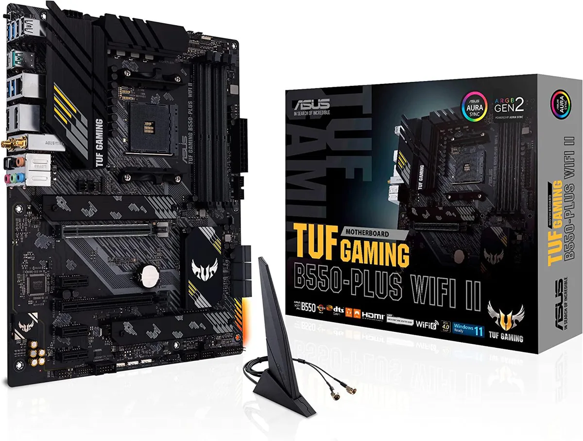ATX motherboard in dark grey with yellow accents, large heatsinks, WiFi antenna connectors, multiple PCIe and M.2 slots