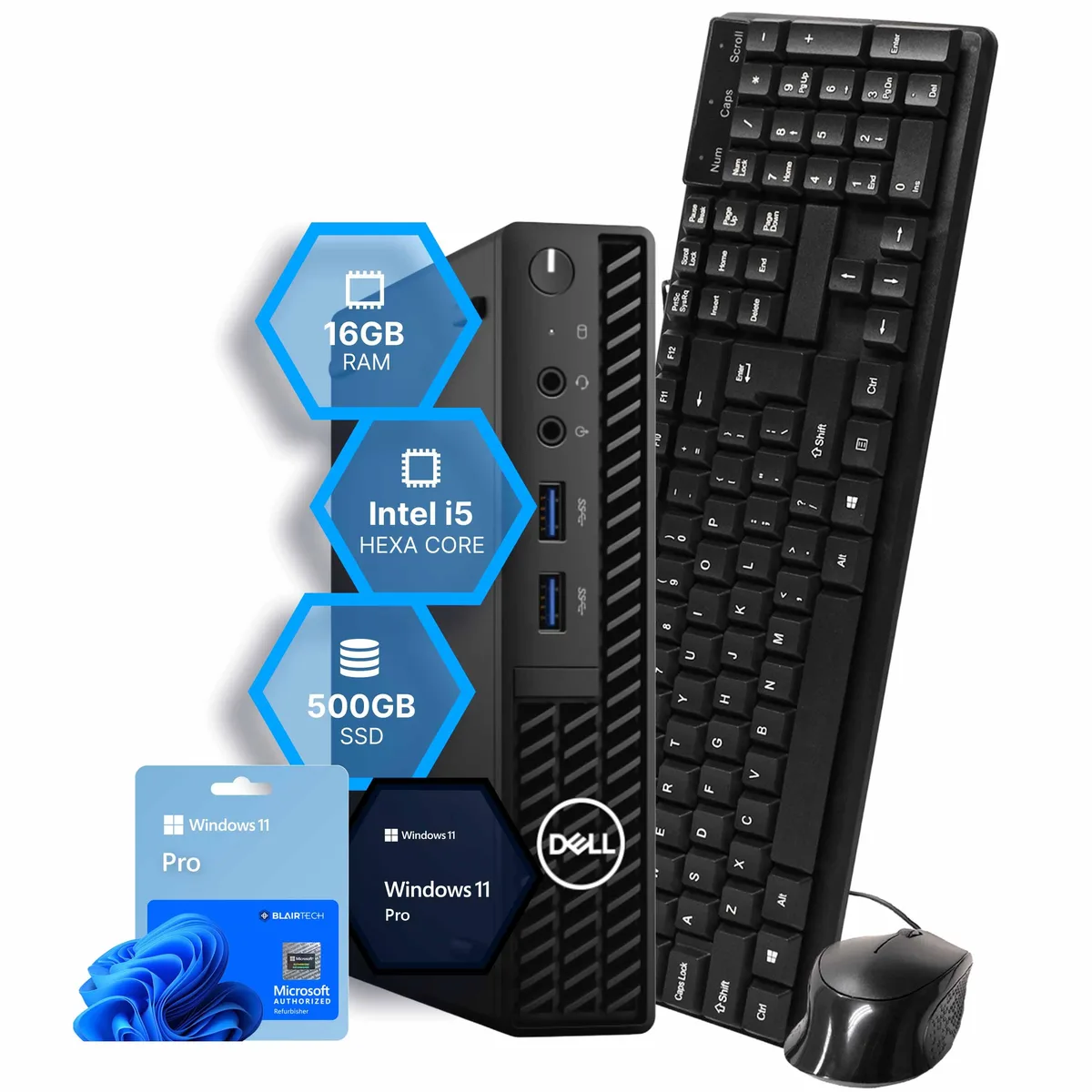 Small black Dell OptiPlex 3090 Mini PC with wired keyboard and mouse