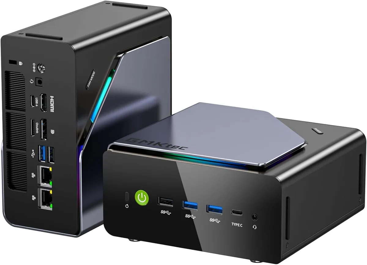 Compact gunmetal black mini PC with RGB lighting