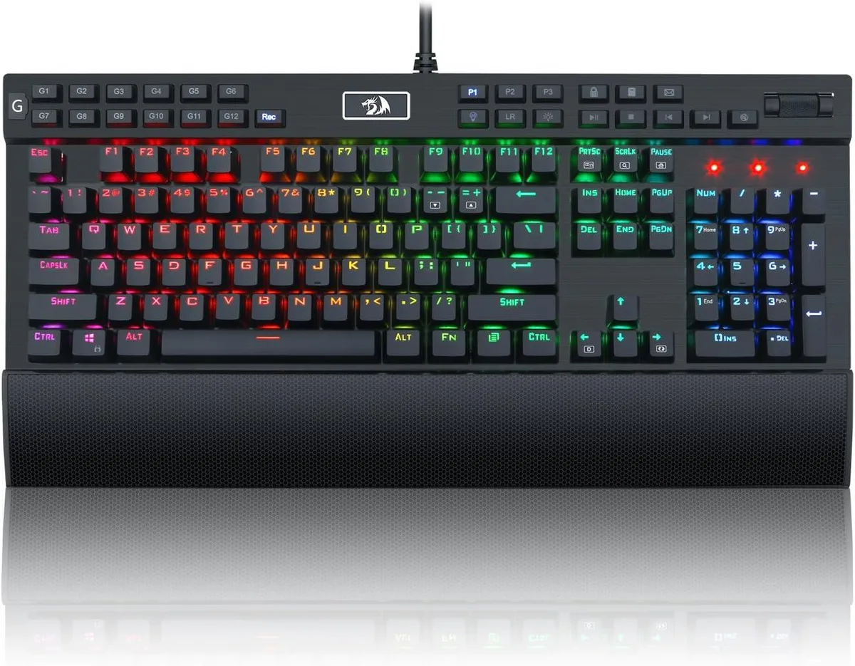 Full-size wired mechanical keyboard with brushed aluminium top plate, 104 keys plus 12 macro keys, purple switches, USB pass-through