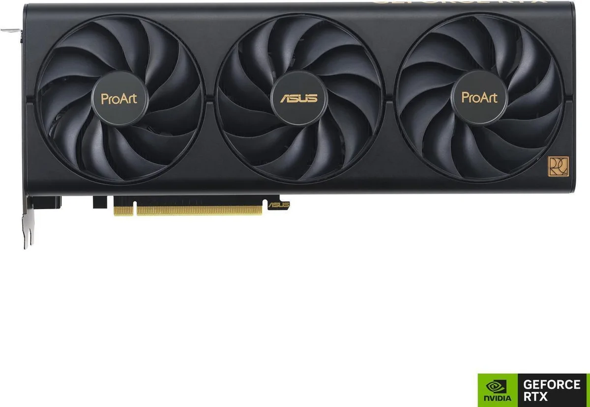 ASUS PROART GeForce RTX 4070 graphics card with triple axial fans and vented metal exoskeleton