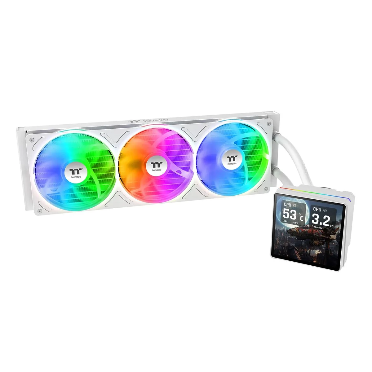 White 360mm AIO radiator with three 120mm fans and square LCD pump block