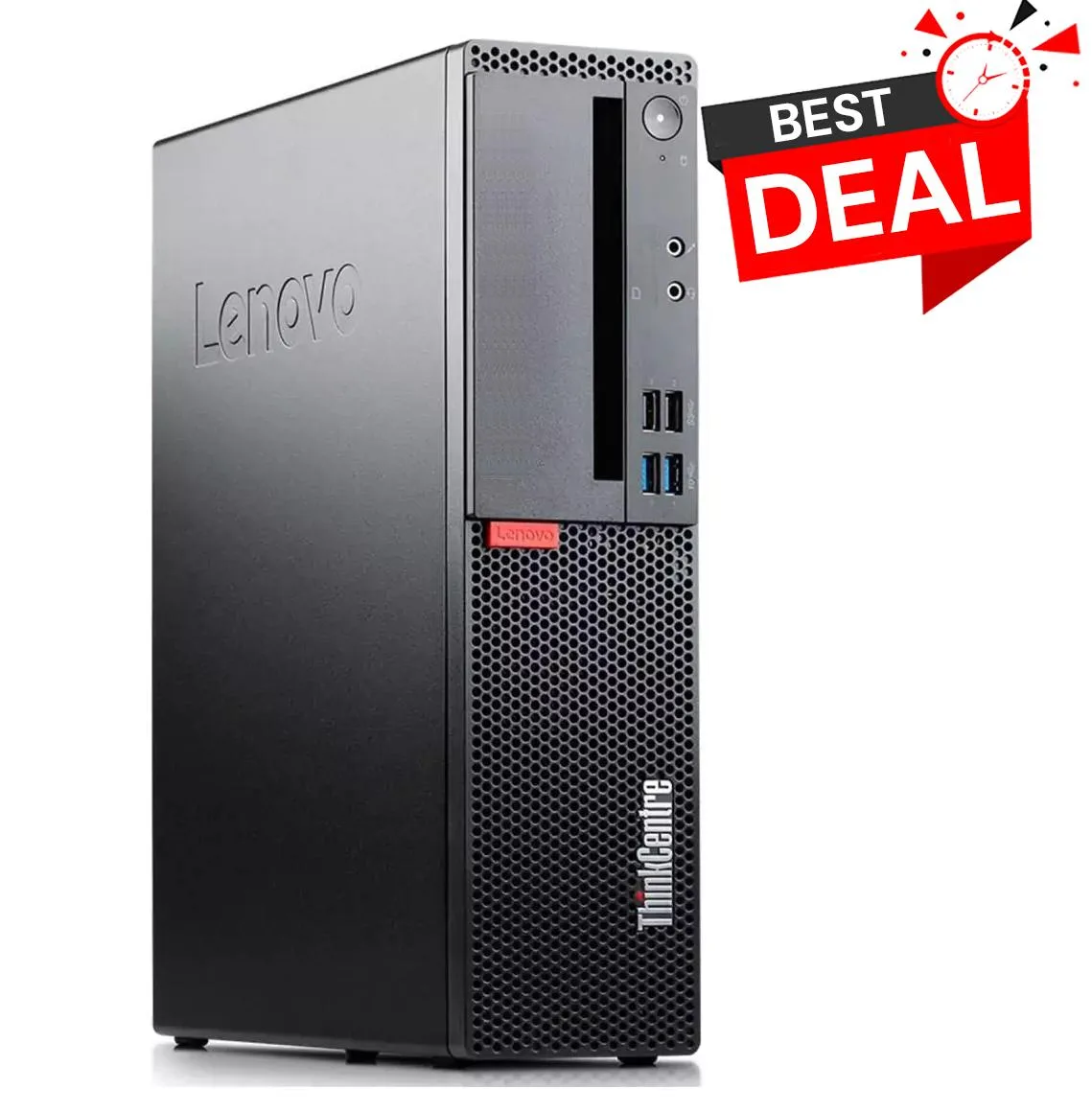 Black small-form-factor desktop tower with wired keyboard and mouse