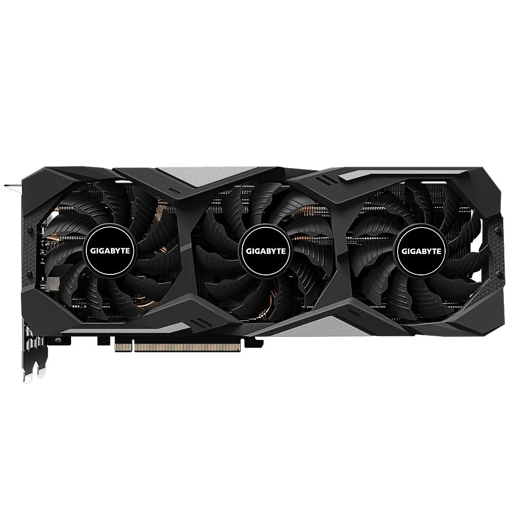 Black triple-fan graphics card with metal backplate