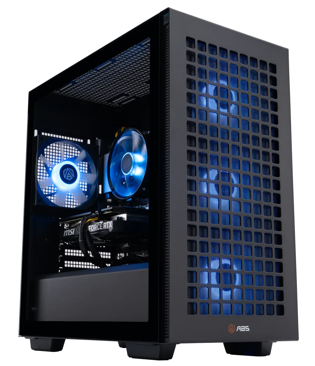 Black mATX gaming tower with white graphics card and RGB CPU cooler