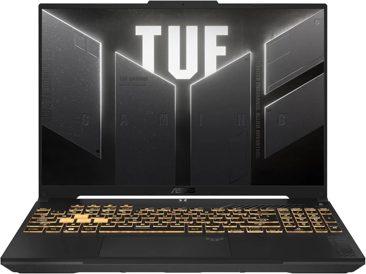 Gray ASUS TUF F16 laptop with 16 inch FHD plus display and RGB backlit keyboard