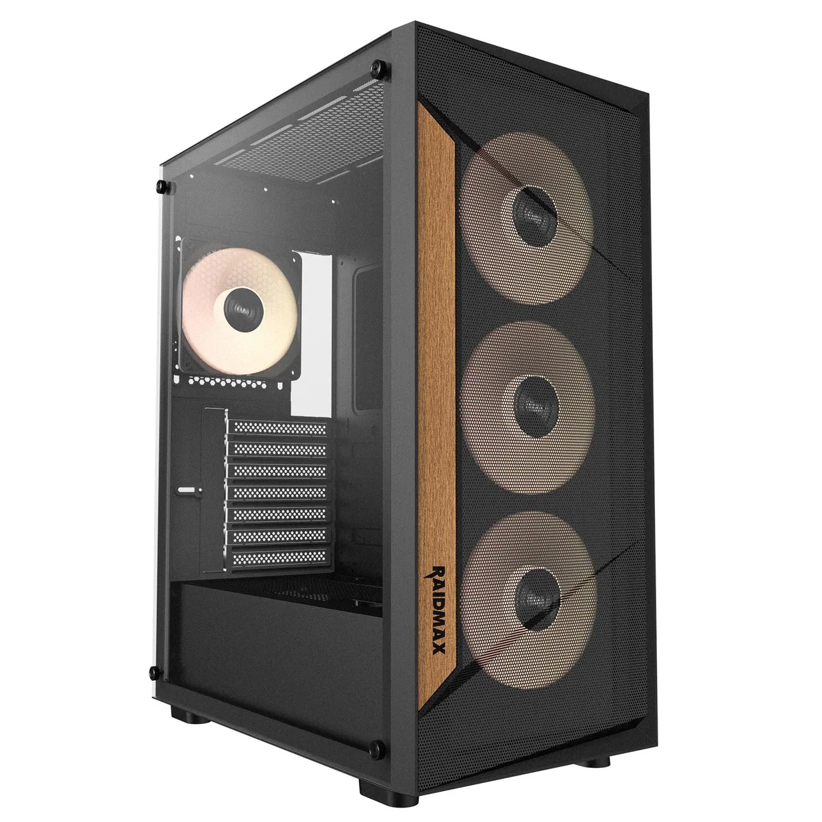 Black mid-tower case with wood-trim mesh front, tempered glass side, four ARGB fans