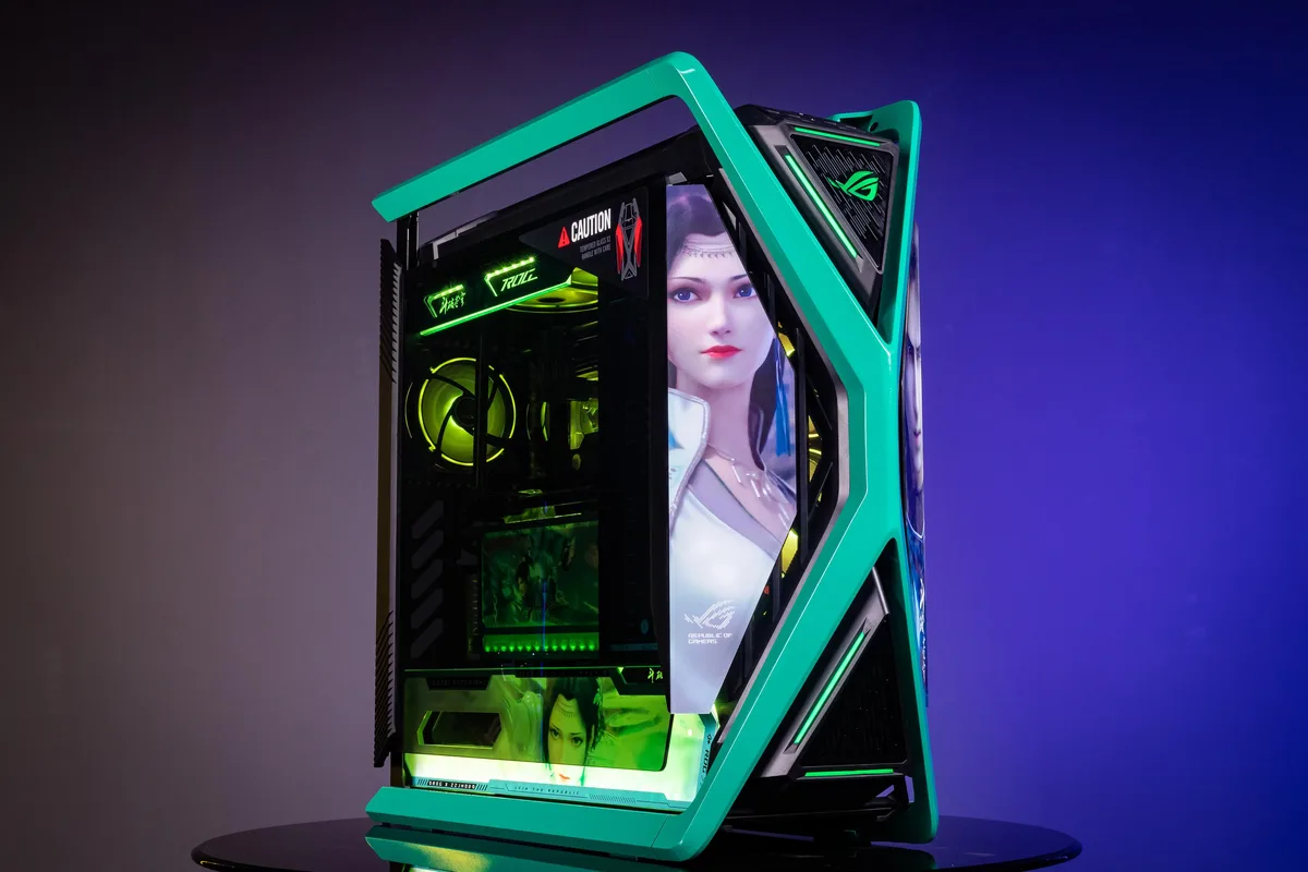 Full-tower E-ATX case with dual tempered glass panels, UV-printed Battle Through the Heavens artwork