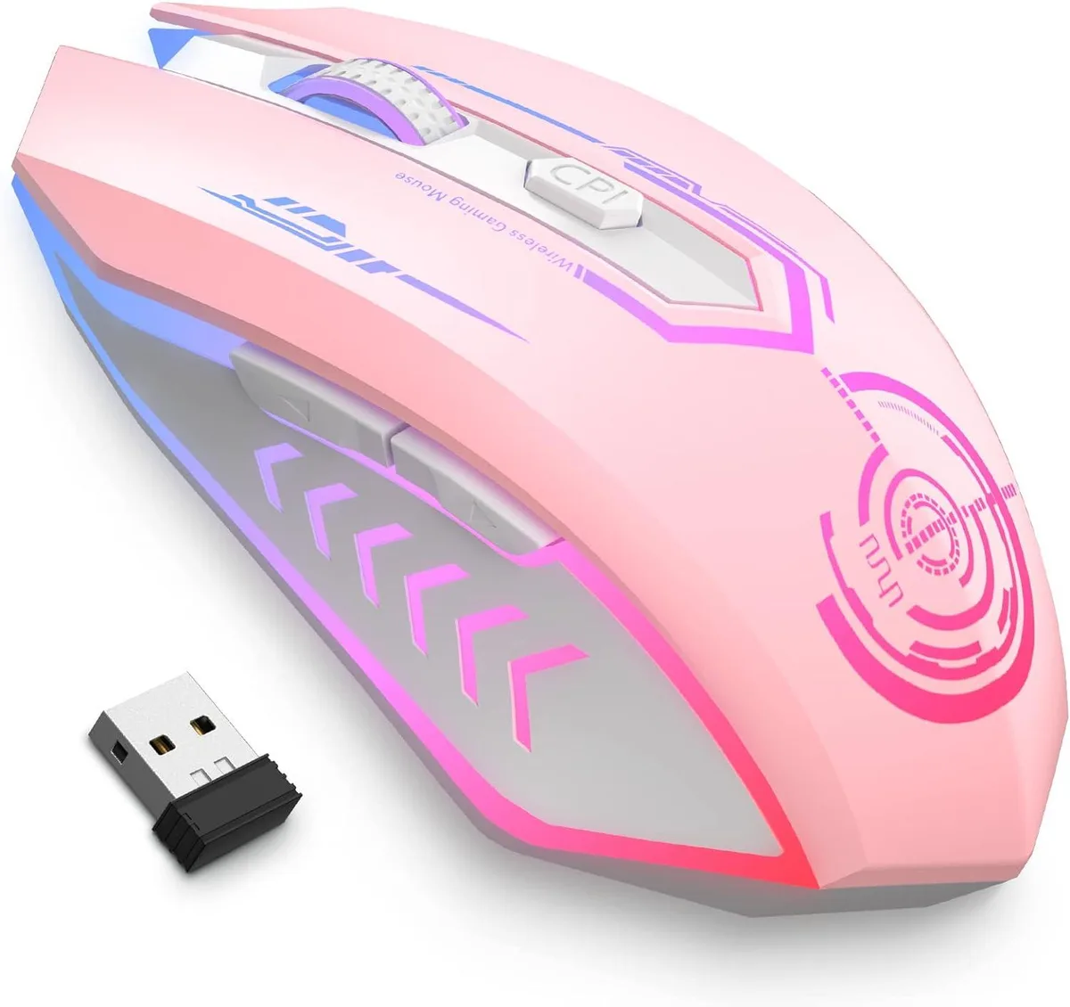 Pink wireless gaming mouse, six buttons, scroll wheel, seven shifting LED colours