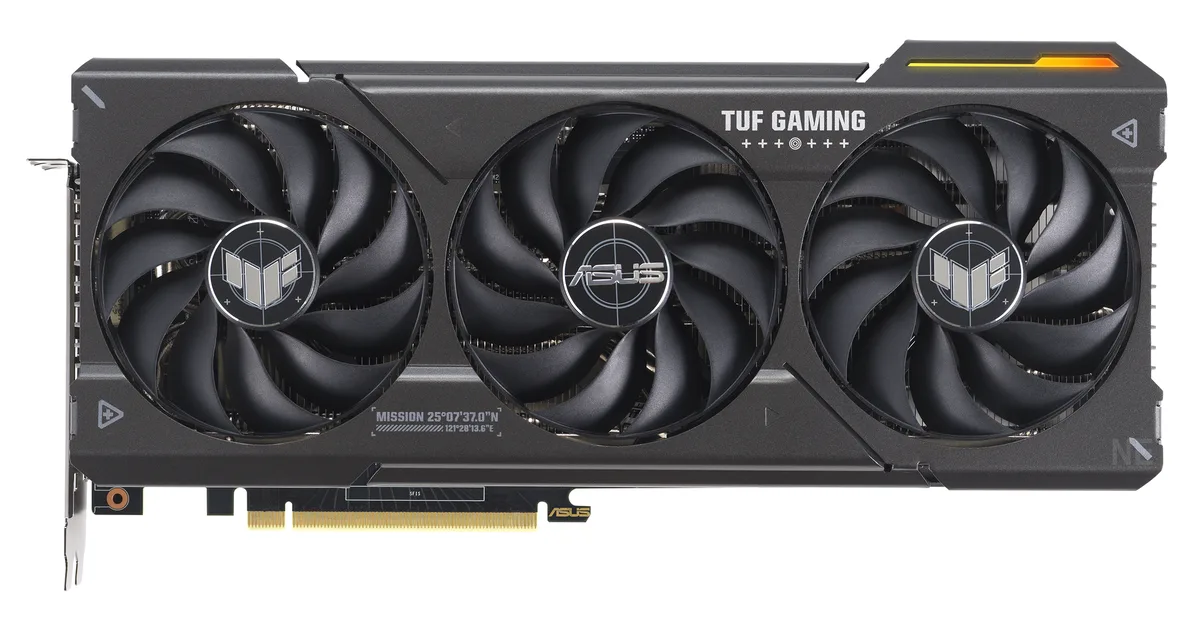 ASUS TUF Gaming RTX 4070 SUPER graphics card with triple axial-tech fans, vented metal exoskeleton, and matte black finish