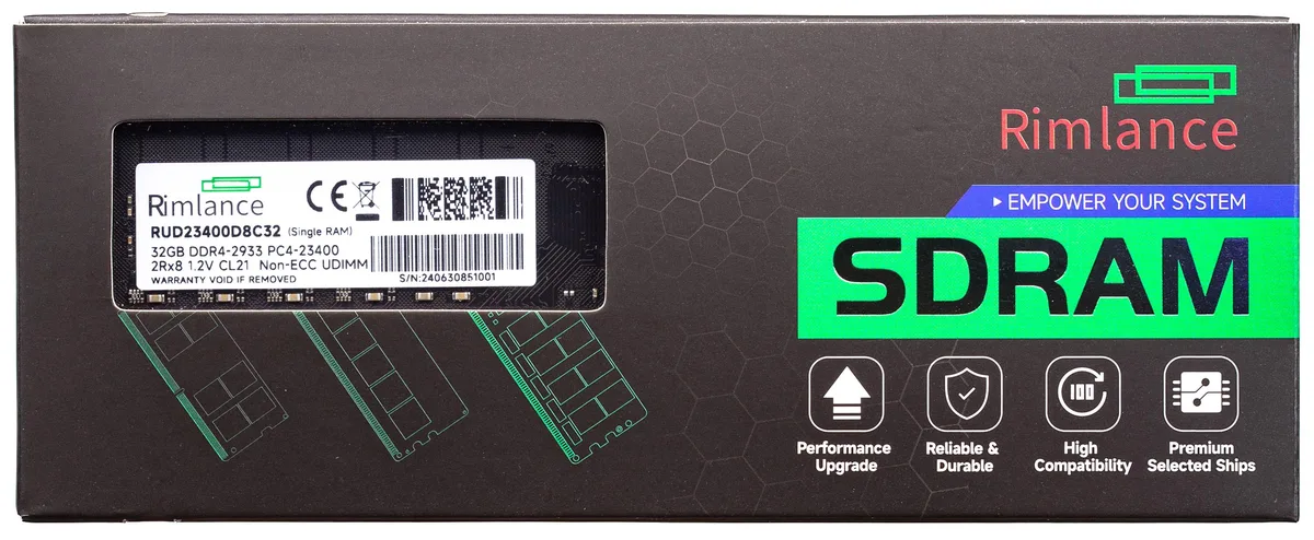 Green printed circuit board with black memory chips and gold edge connectors