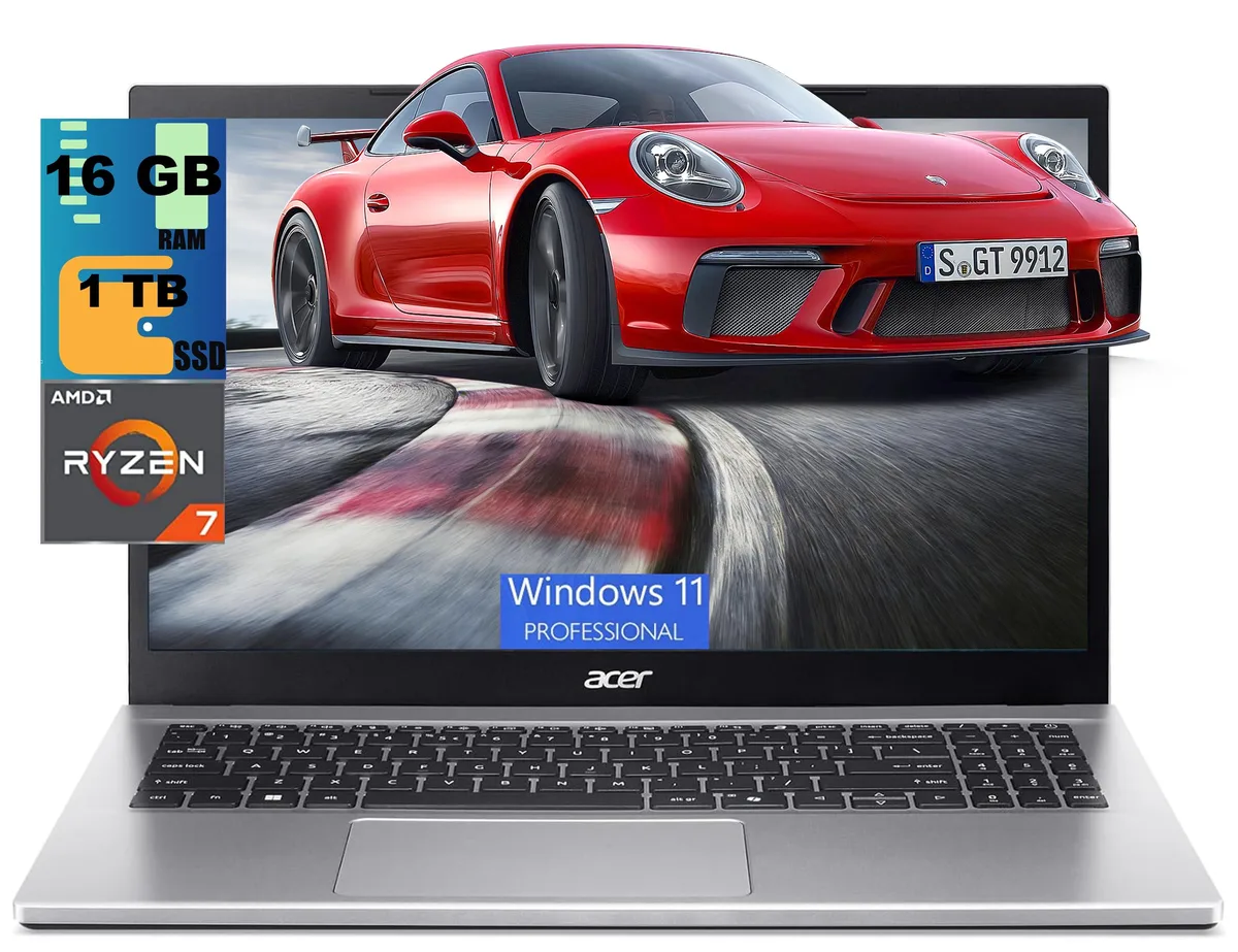 Silver clamshell laptop with 15.6 inch screen, thin profile and backlit keyboard