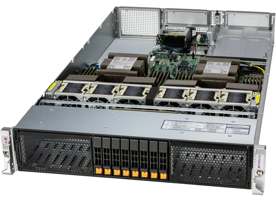 Silver 2U rack server chassis with eight 2.5 inch drive bays and front status LEDs