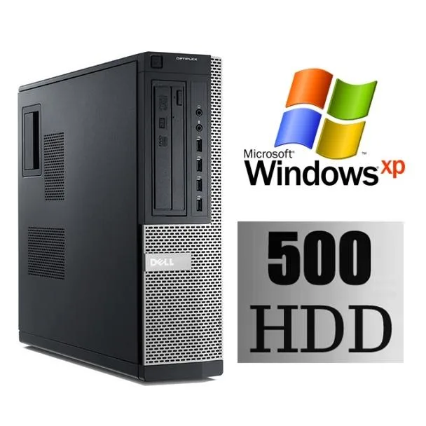 Black and silver desktop tower, DVD drive visible, power cord included