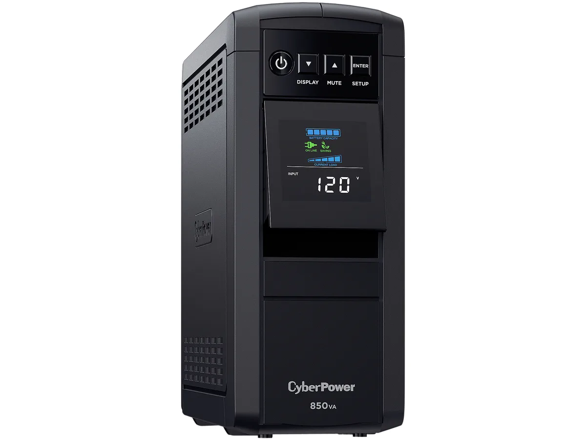 Black mini-tower UPS with LCD screen and ten outlets