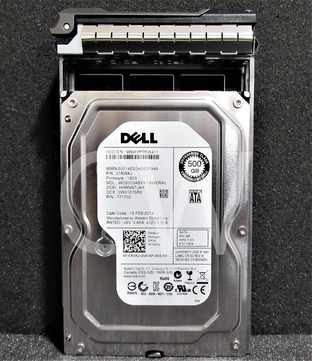 Silver 3.5 inch SATA hard drive with black Dell caddy tray