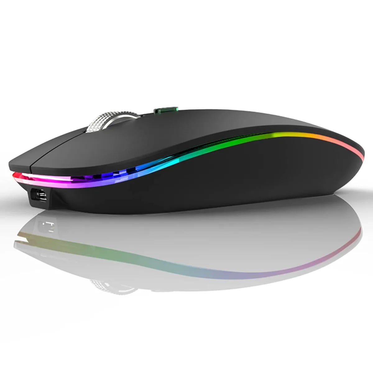 Matte black slim gaming mouse with USB receiver and USB-C adapter