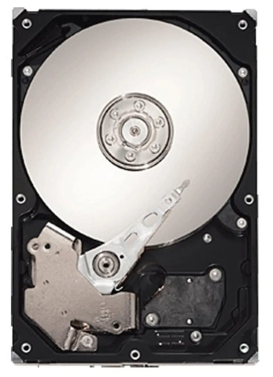 Silver rectangular 3.5 inch SATA hard drive with green circuit board visible