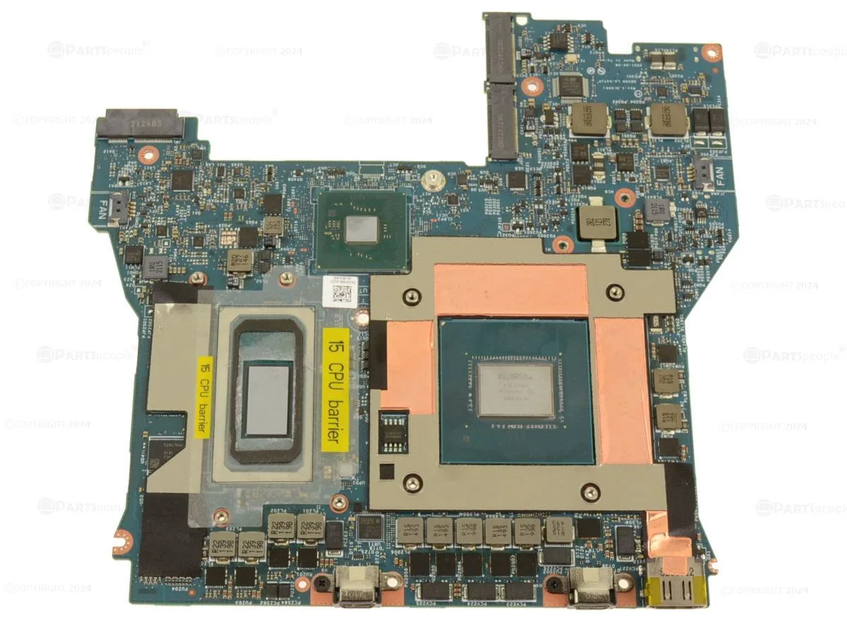 Green laptop motherboard with silver heatsinks and black processor socket