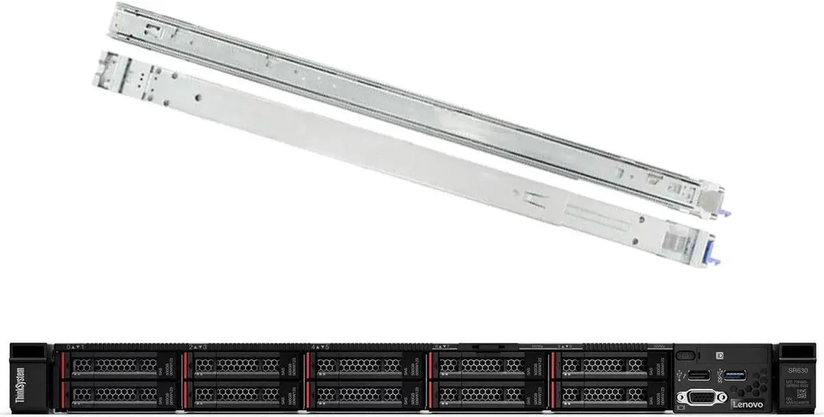 Lenovo ThinkSystem SR630 1U rack server, matte black front with eight drive bays, rail kit included