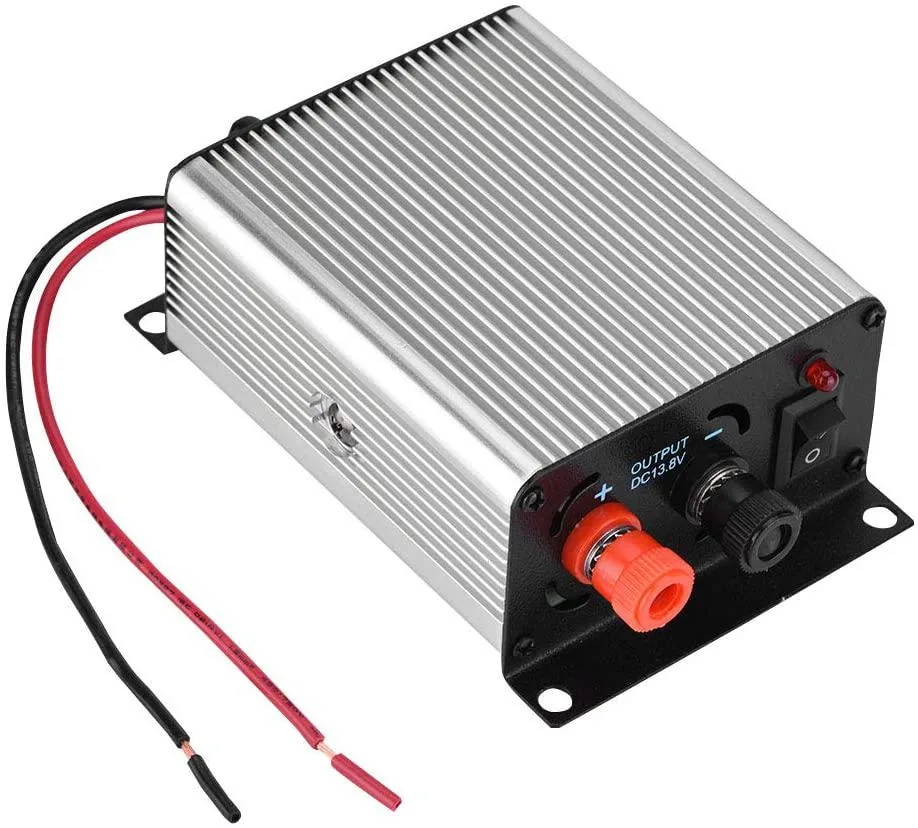 Silver metal rectangular power supply unit with input and output terminals visible