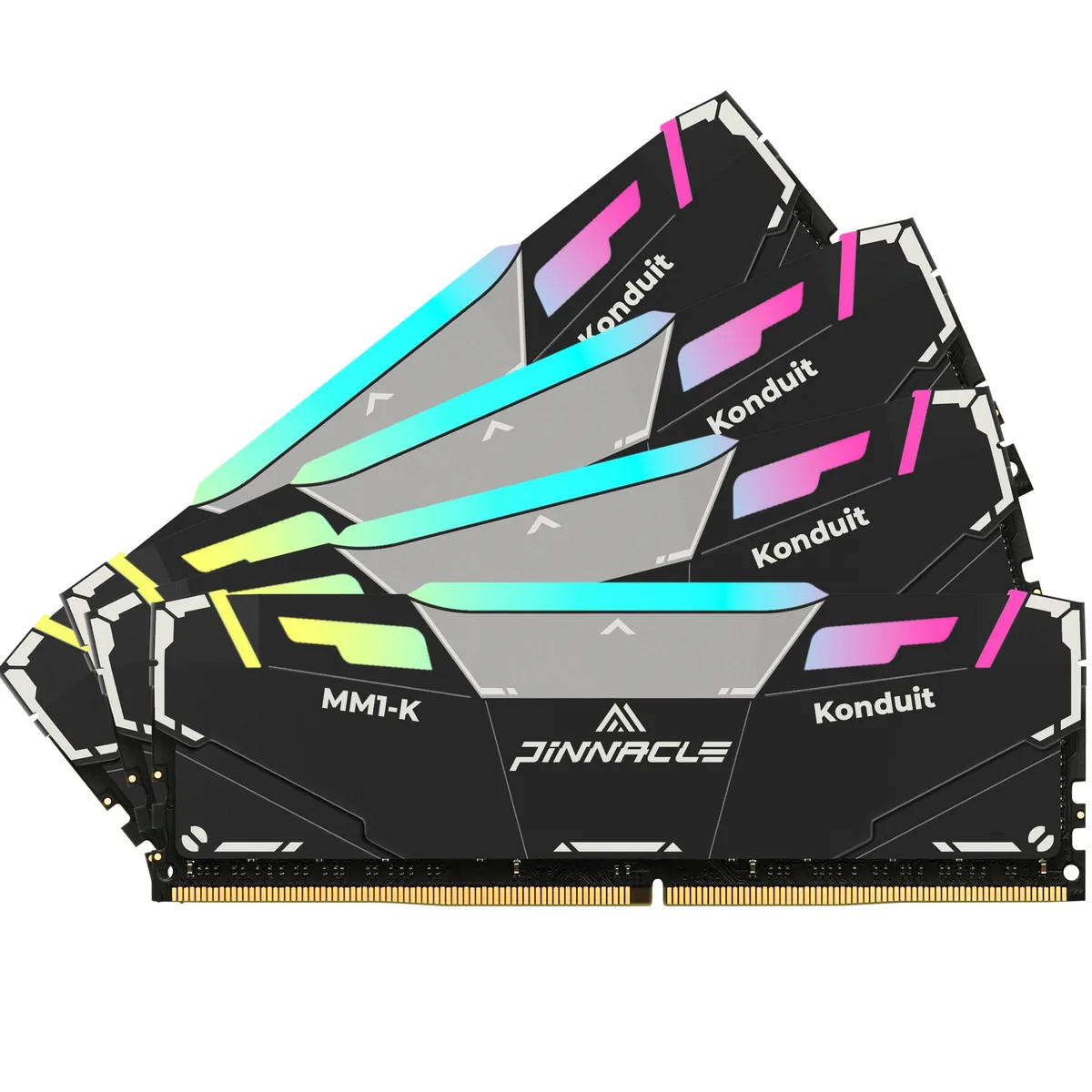Four black DDR4 modules with aluminium heat spreaders and RGB lighting zones