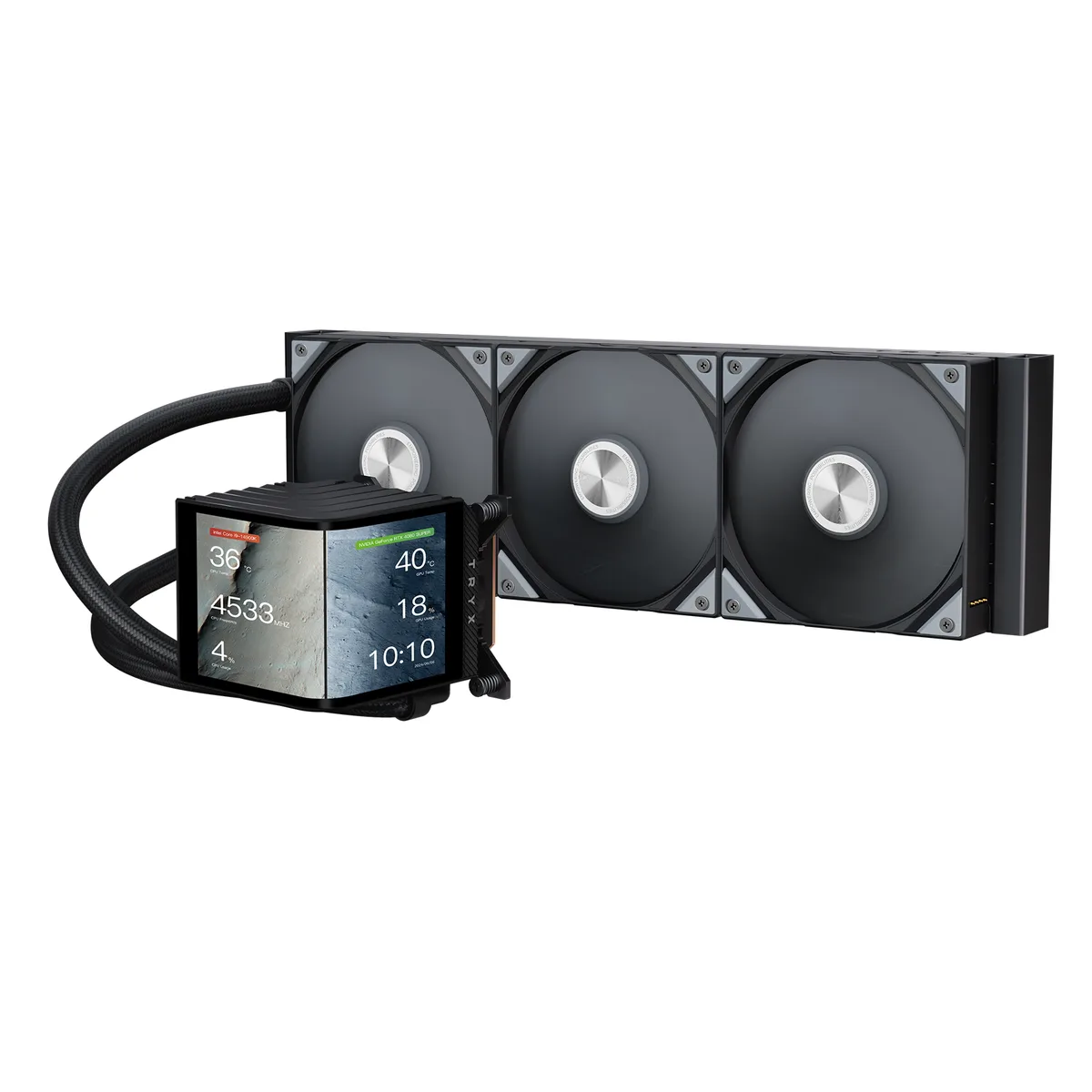 Black rectangular pump block with curved 6.67 inch AMOLED screen, three 120mm fans on 360mm radiator