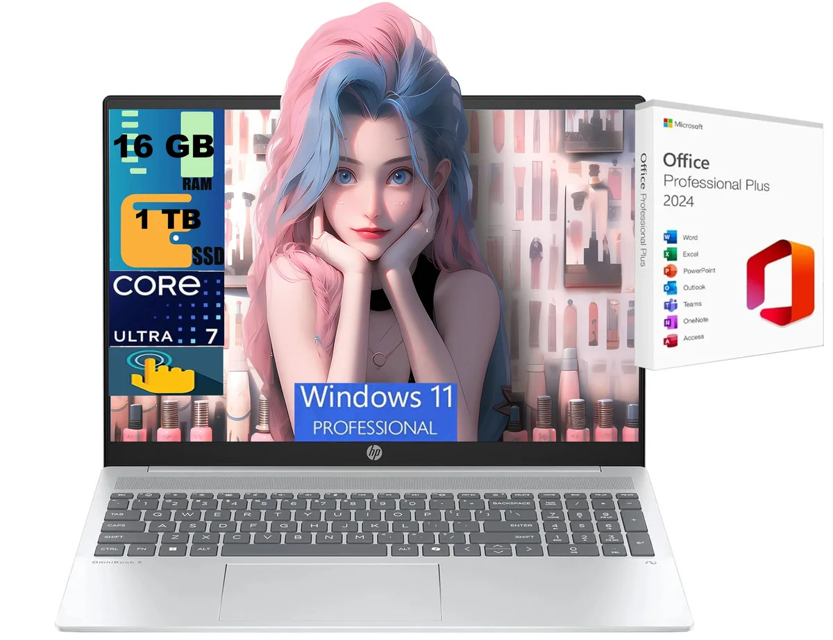 HP HP OmniBook 5 16 laptop Intel Ultra 7 255U 12-core 16GB 1TB SSD 16" WUXGA touchscreen Windows 11 Pro — photo du produit