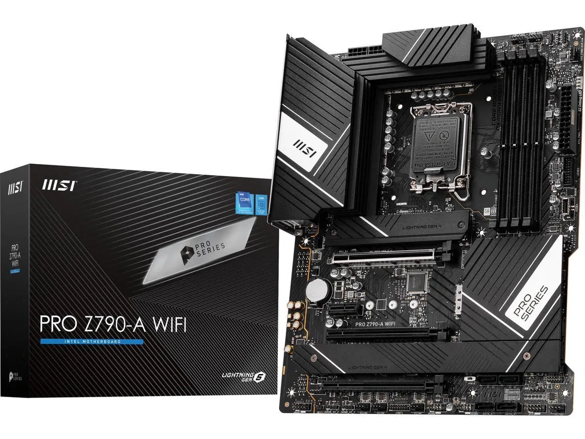 Black ATX motherboard with silver heatsinks and pre-installed I/O shield