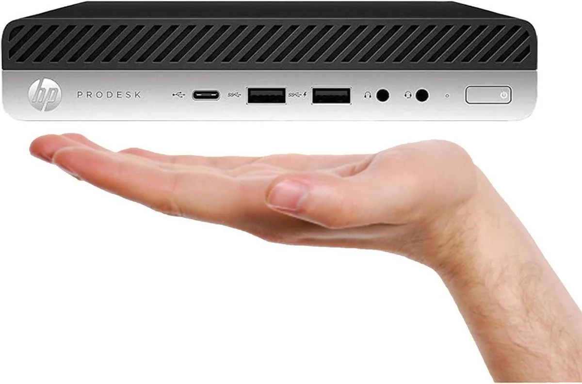 Small black HP ProDesk 600 G4 Mini desktop PC with front USB-C port