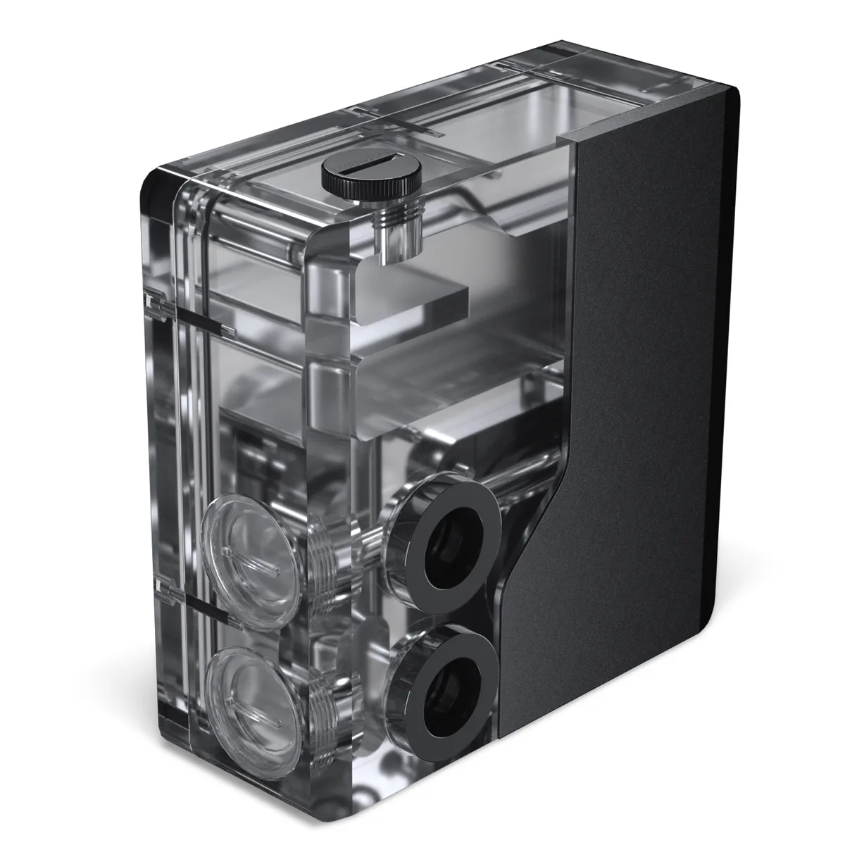 Black acrylic reservoir body with integrated 16mm fittings and D-RGB lighting