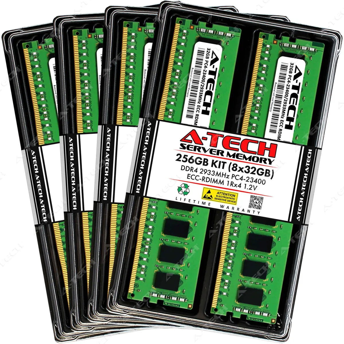 Eight green DDR4 RDIMM sticks, 288-pin, no heat spreader, 256GB kit