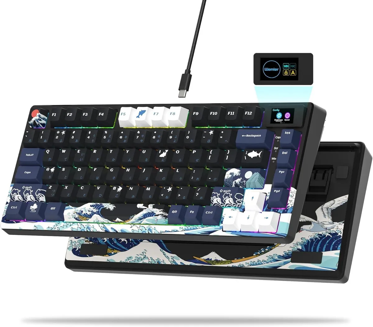 Black 75% gasket mechanical keyboard with an 11° angled colour display top right