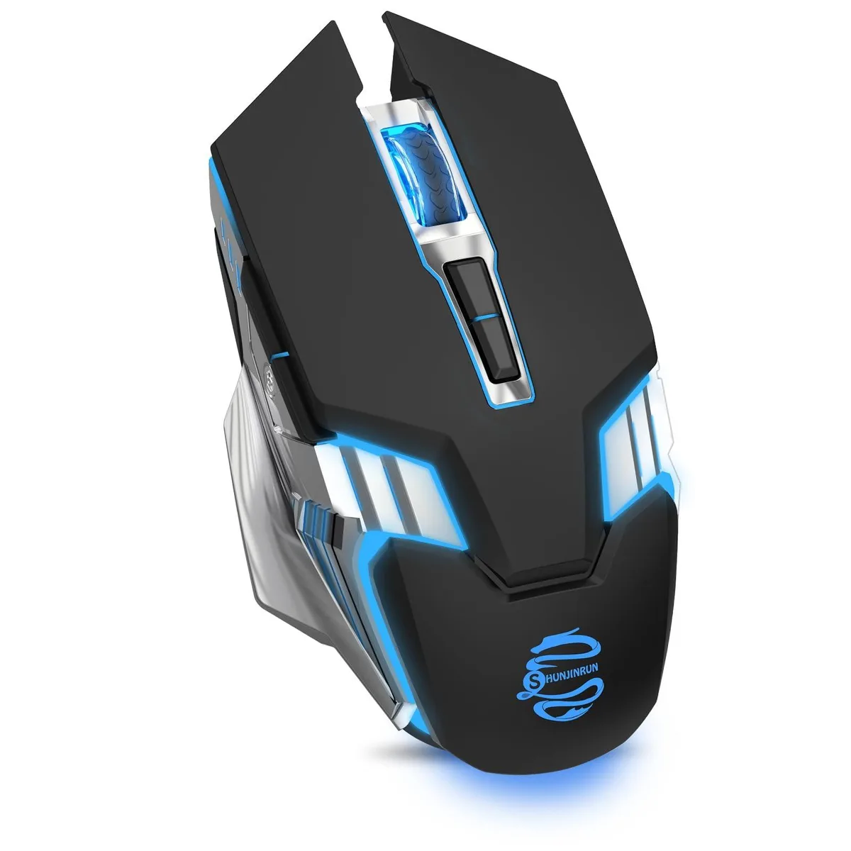 Black wireless gaming mouse with ergonomic shape, silver side accents, 16 buttons and touch scroll