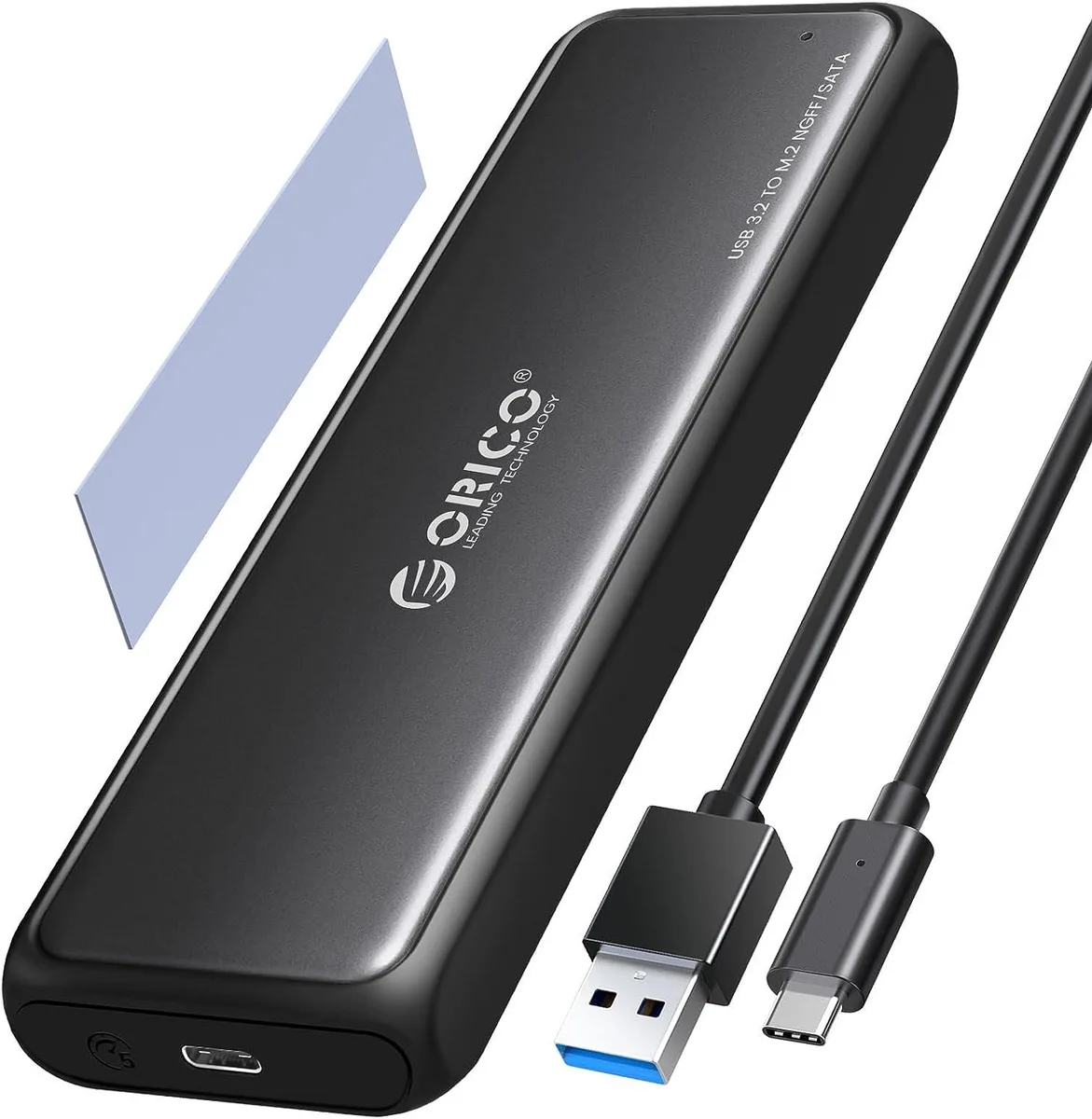 Black aluminium and plastic M.2 SATA enclosure with USB-C cable