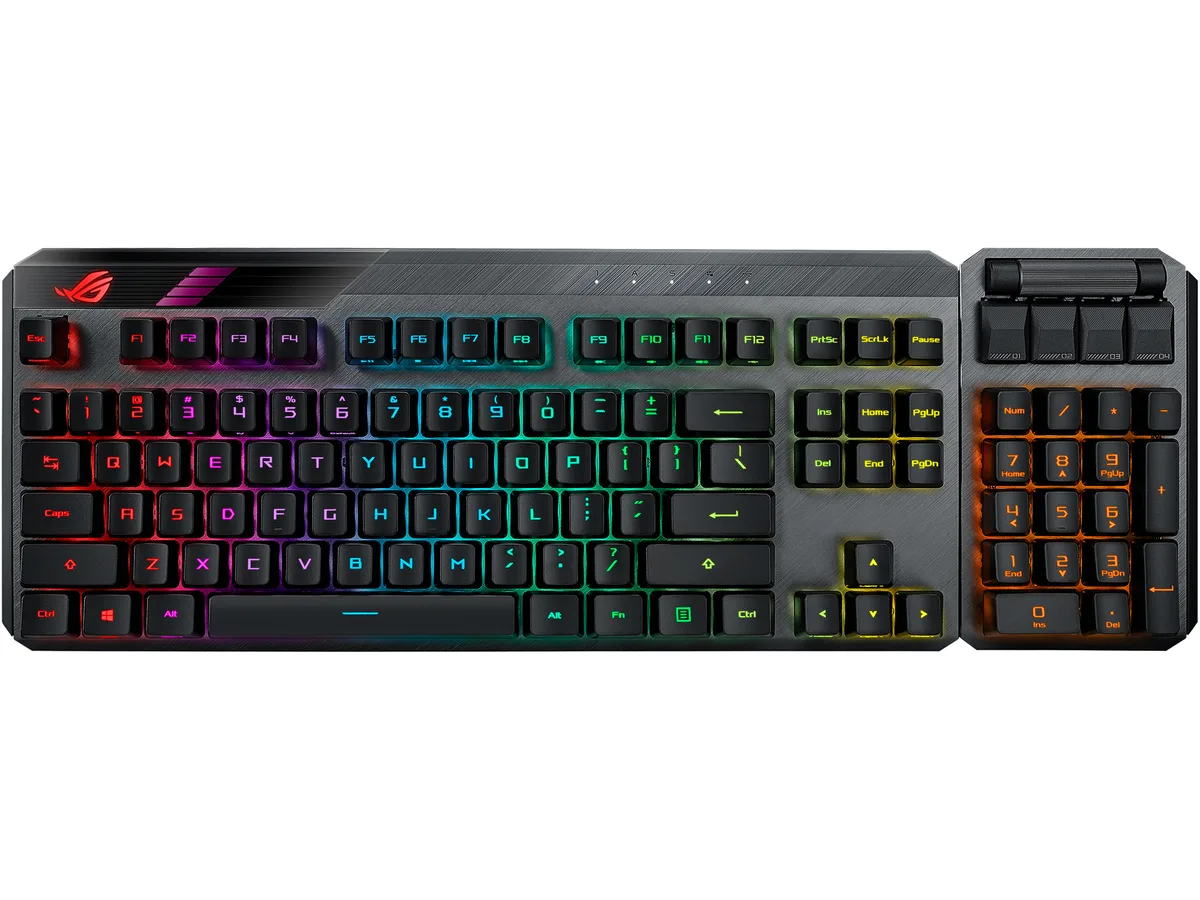 Black modular gaming keyboard with detachable numpad, magnetic wrist rest and per-key RGB lighting