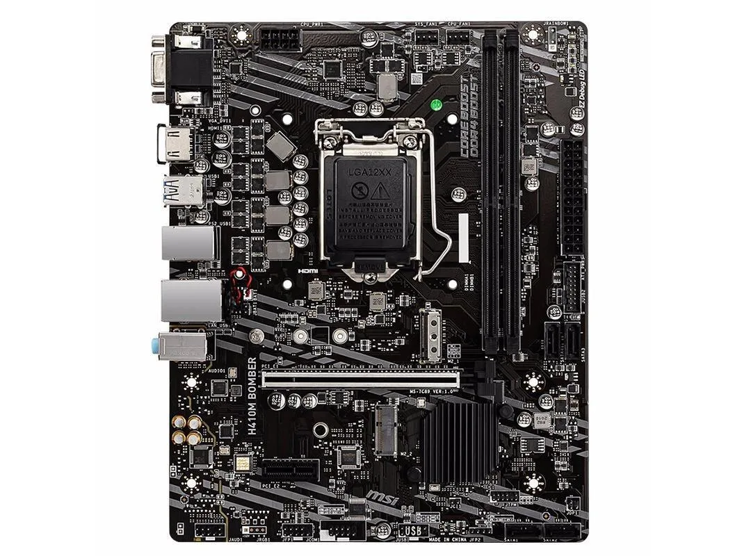 Dark green Micro ATX board with silver heatsinks and black slots