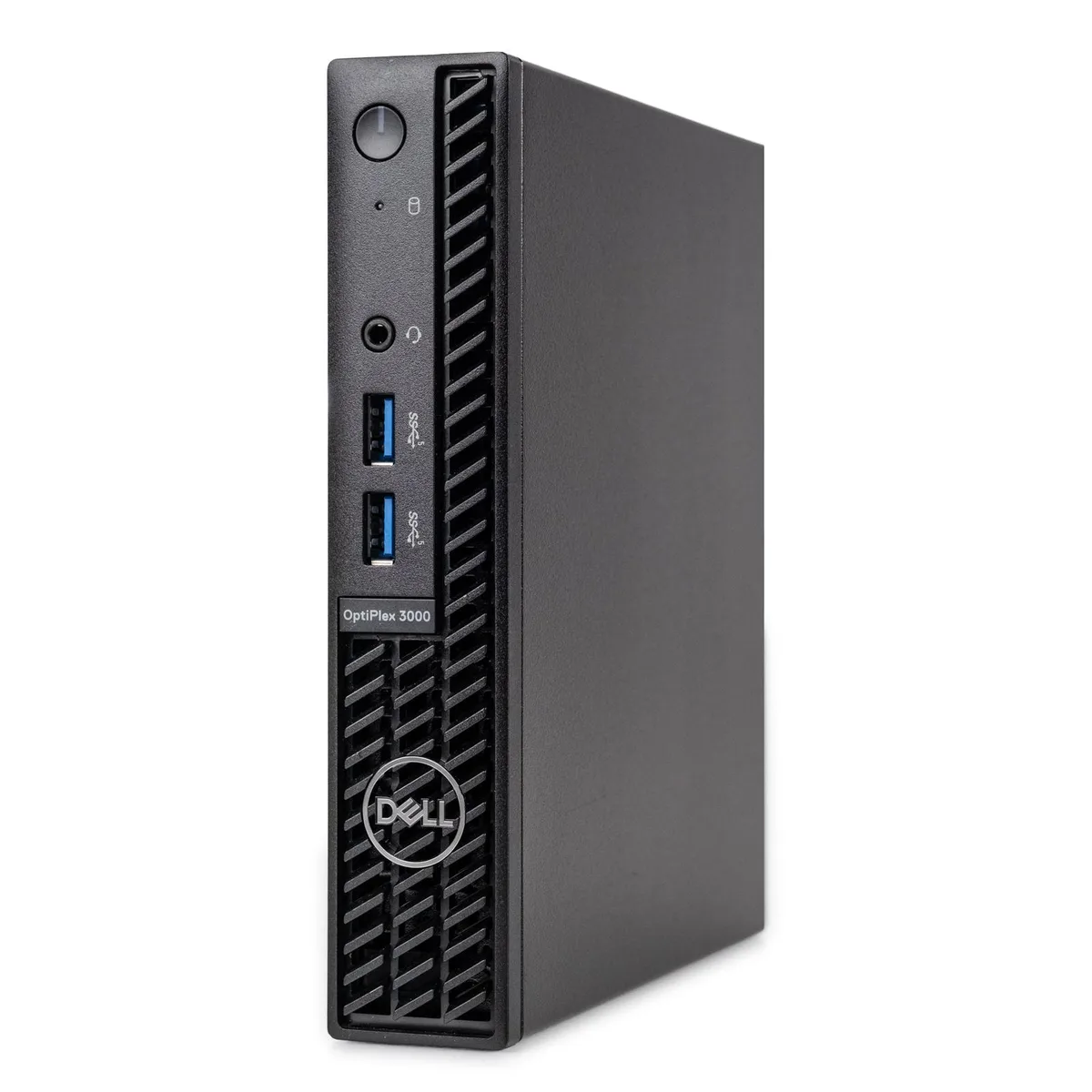 Small black rectangular mini PC with subtle texture and Dell branding on the front