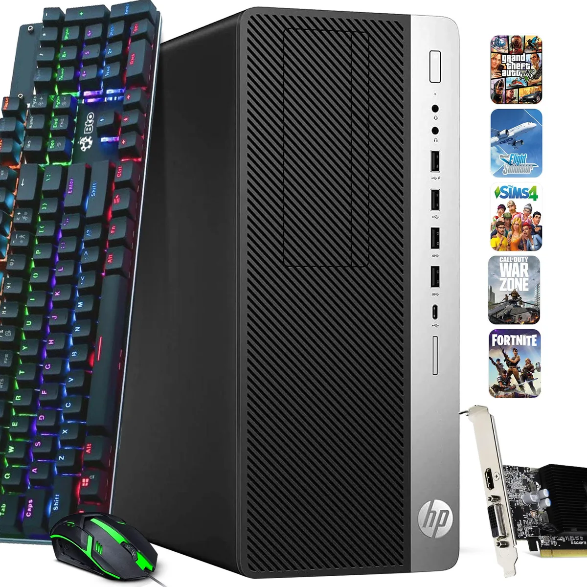 Black tower desktop with wired RGB keyboard and mouse